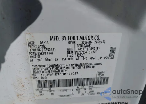 2013 Ford F-150 Xlt из США, поврежденный, VIN 1FTFW1ET5DKF31027